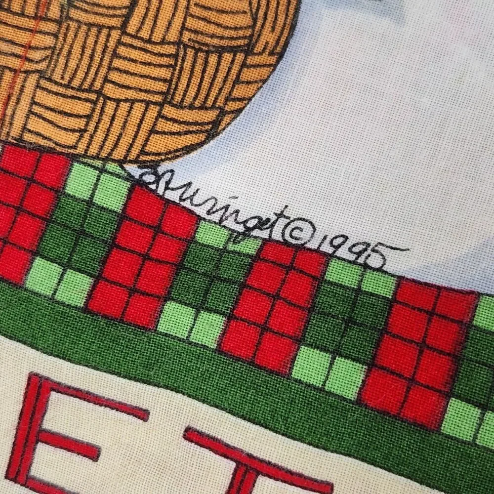 VTG 1990s Cottage Handmade Christmas Tablecloth Let It Snow Snowman Red 88×56